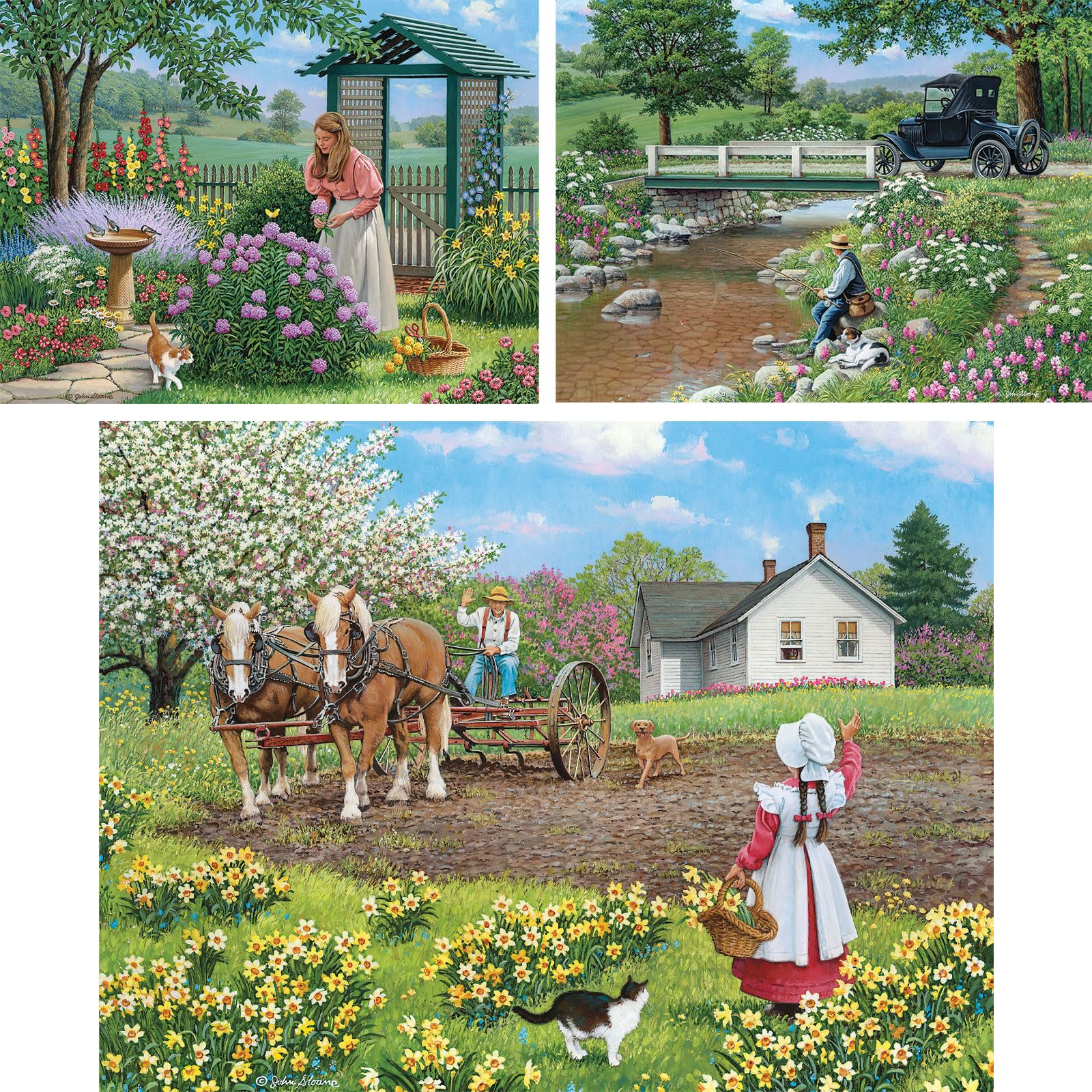 Bits and Pieces Set of Three (3) 300 Piece Jigsaw Puzzles Gardens Bundle by John Sloane 18” x 24”