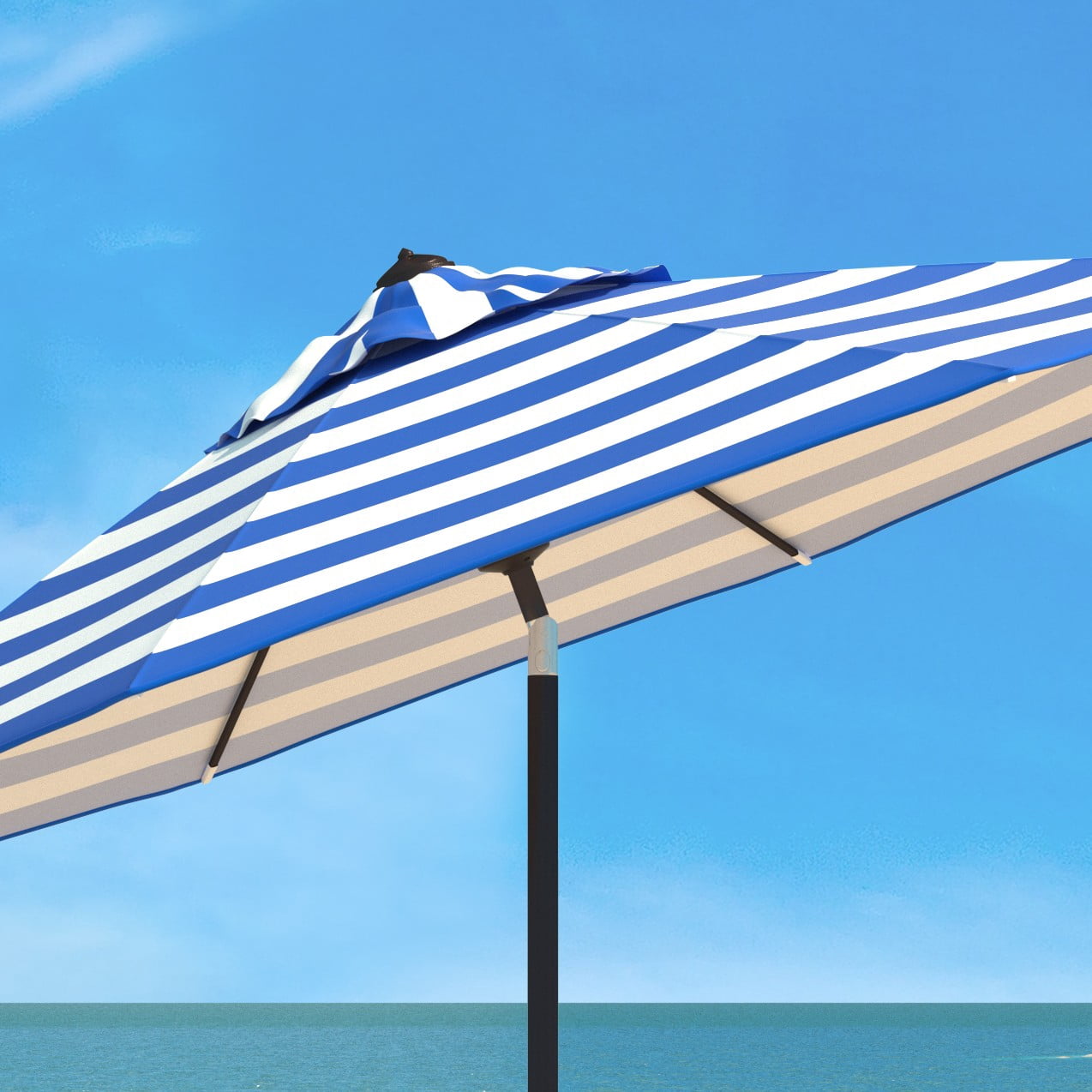 SAFAVIEH Iris 9' Market Auto Tilt Patio Umbrella, Pacific Blue Stripe
