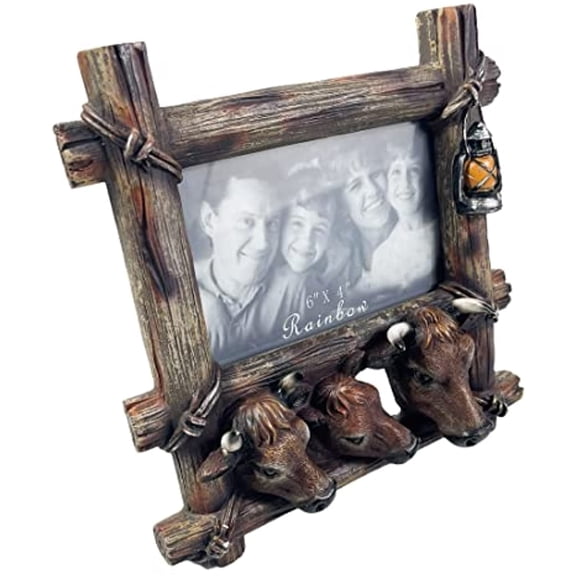 Urbalabs Western Cowboy Three Cow Ox 3D Horseshoe Barbwire Decor Picture Frame 6 x 4 Rustic Country Gifts Farmhouse Picture Frames Standing 6x4 Elaborate Picture Frame