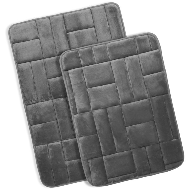 Clara Clark Bathroom Rugs, Velvet Memory Foam Bath Mat, Ultra Soft Non Slip and Absorbent - Tiled - Set of 2 - Gray
