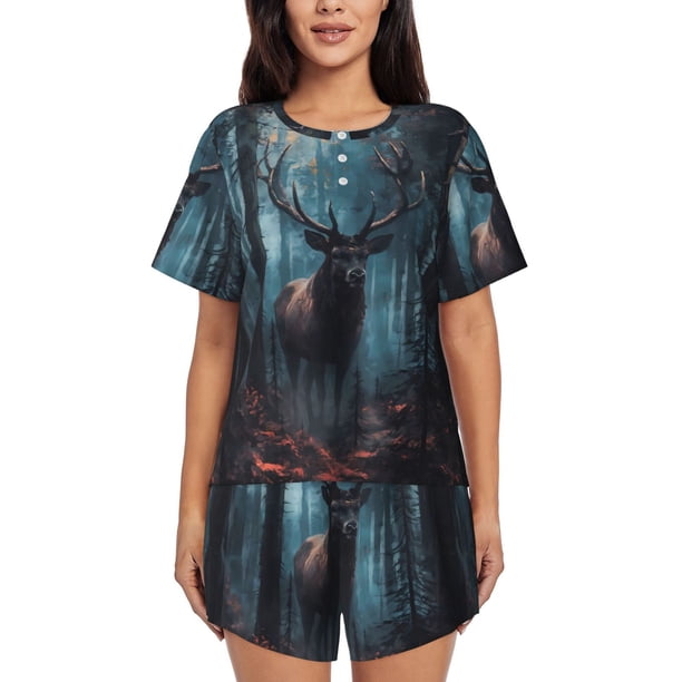 Balery Mystical Forest Elk Conjunto de Pijama para Mujer con Estampado, Dos Piezas de Manga Corta y Shorts, Ropa de Dormir Suave con Cuello Redondo y Bolsillos-Medium