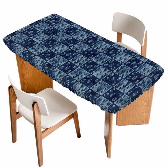 Vintage Floral Table Cloths for 3 Foot Rectangle Tables, Abstract Flowers Patchwork Country Navy Blue Patio Waterproof Elastic Fitted Tablecloths, Washable Rectangular Table Cover for Camping