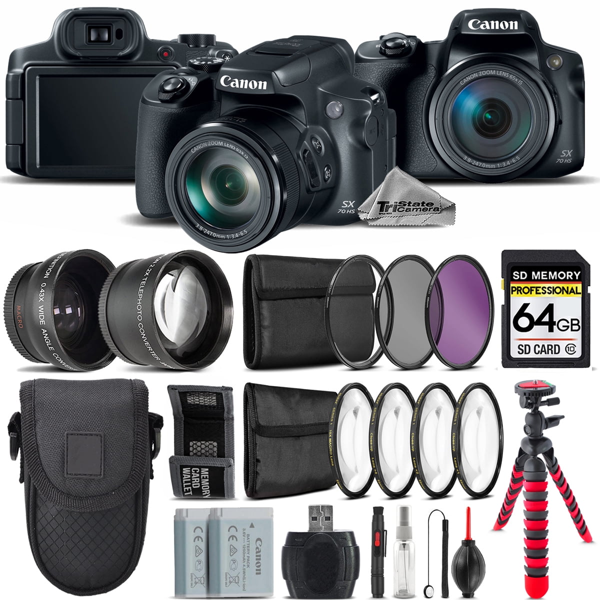 Canon PowerShot SX70 HS Camera + 7 PC Filter Kit + Extra Battery 64GB