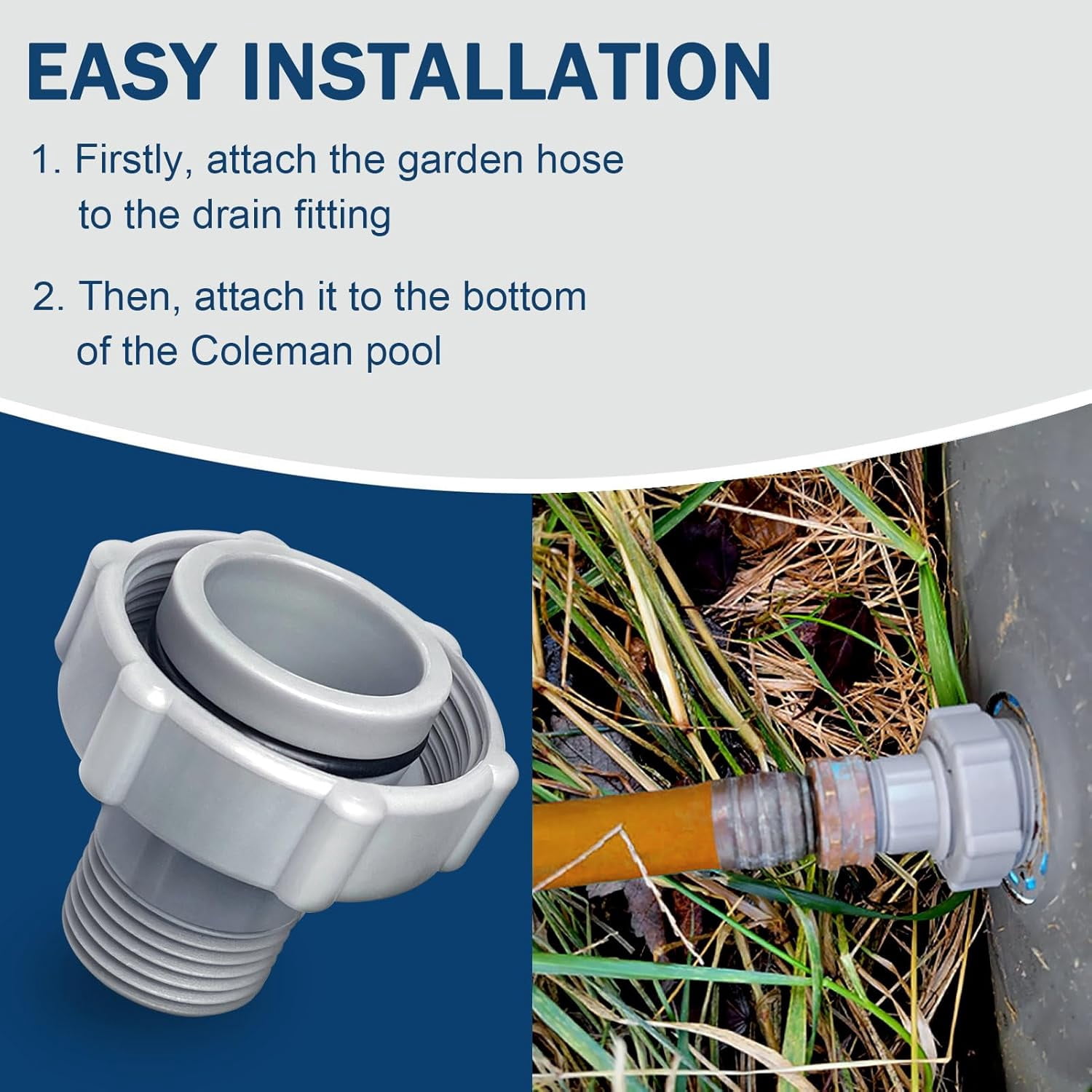 Pool Drain Fitting Connects fits for Coleman Pools, ID1.5-inch Connect To The Bottom Of The Pool and OD1.0-inch Connect To The Garden Pipe