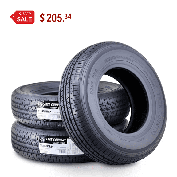 FREE COUNTRY New Premium Trailer Tires ST 205/75R14 / 8PR Load Range D Steel Belted w/Scuff Guard, Set 3