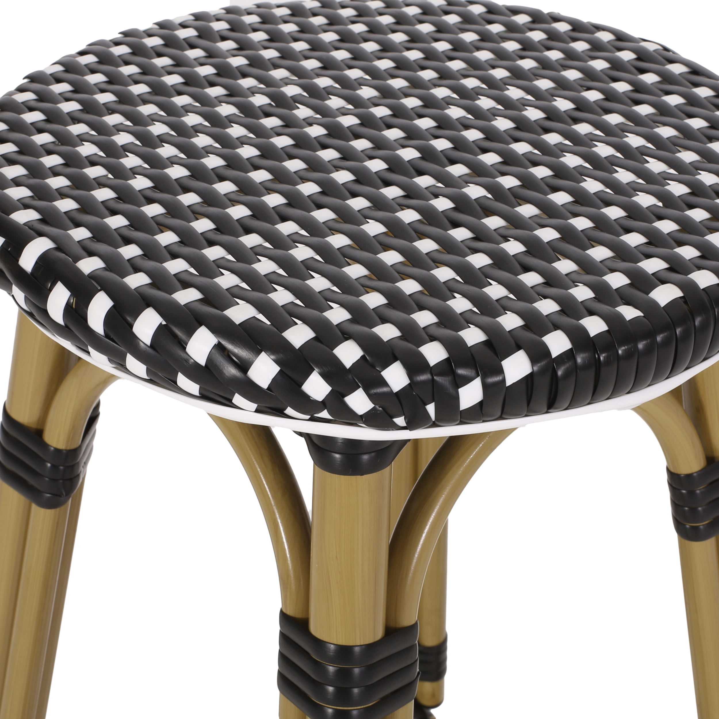 Wilbur Aluminum and Wicker Outdoor 29.5 Inch Barstools, Set of 4, Black, White, and Bamboo Finish