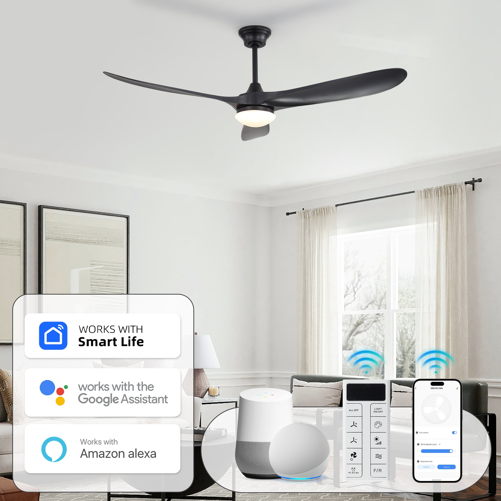 Sofucor 60 Inch Ceiling Fans with Light Compatible with Alexa/Google/App 3 Blades Reversible DC Motor Timer for Kitchen Bedroom Living Room Dining Room Farmhouse (burlywood)