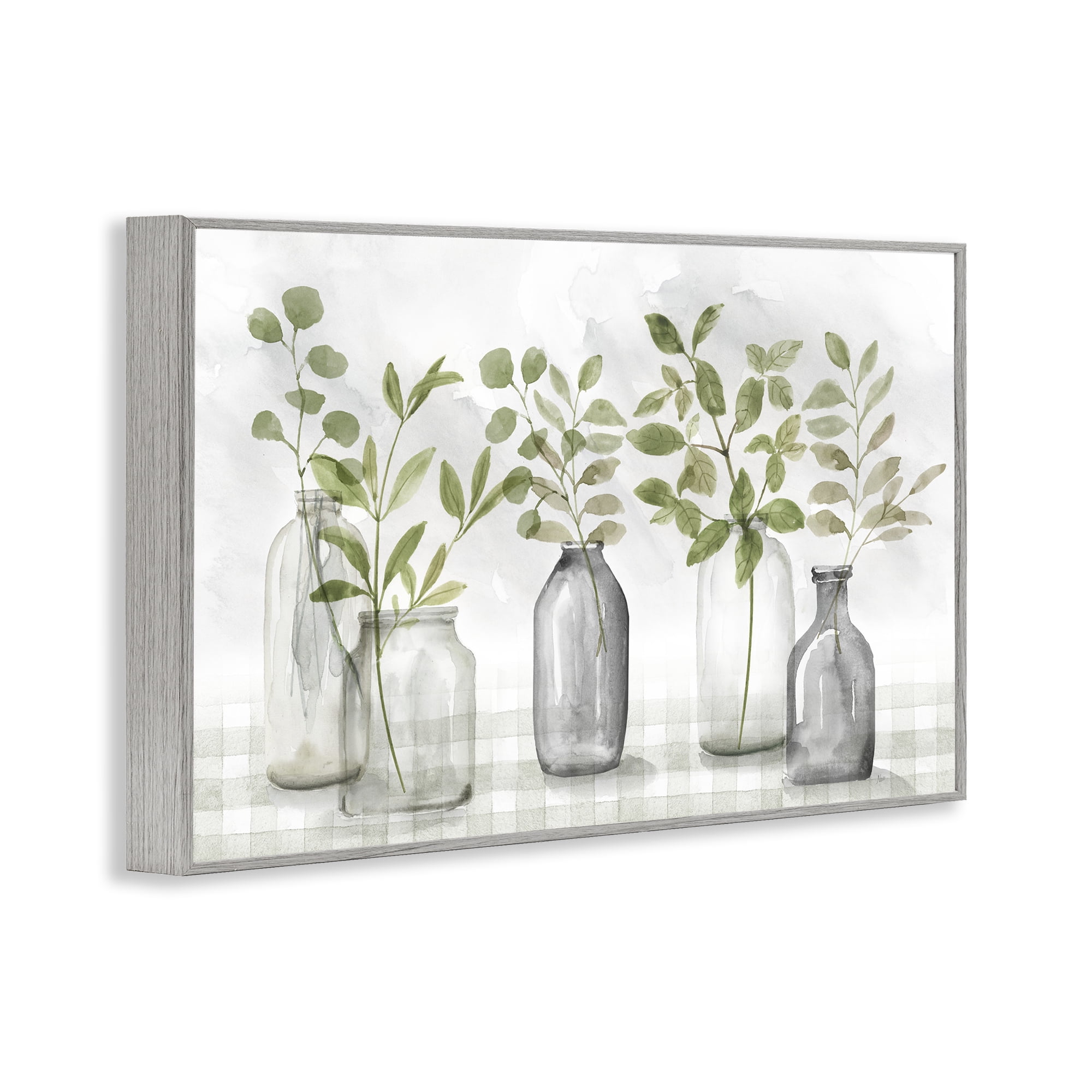 Stupell Industries Greenery Leaves in Vases Gray Framed Giclee Art, design by Nan