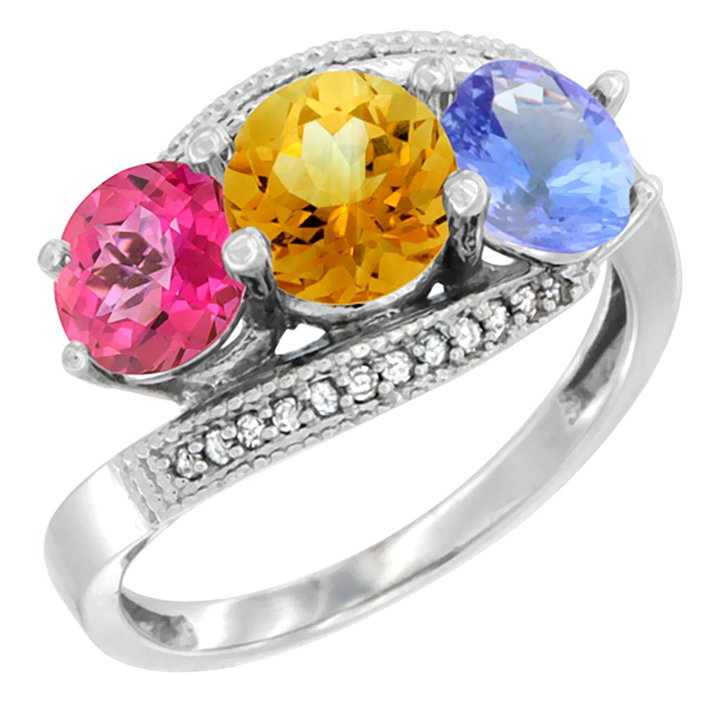 14K White Gold Natural Pink Topaz, Citrine & Tanzanite 3 stone Ring Round 6mm Diamond Accent, size 5 by Gabriella Gold