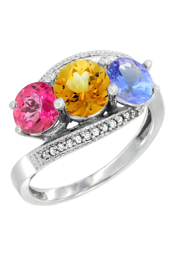 14K White Gold Natural Pink Topaz, Citrine & Tanzanite 3 stone Ring Round 6mm Diamond Accent, size 8.5