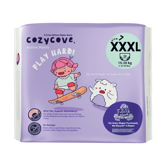 Cozycove Talla 7 XXXL (15‑20 kg) Pantalones de Entrenamiento Pull‑Up | Totalmente sin cloro y sin fragancia, con indicador de humedad | Pantalones Activos Slim Play Hard | 20 unidades (1 bolsa de 20)
