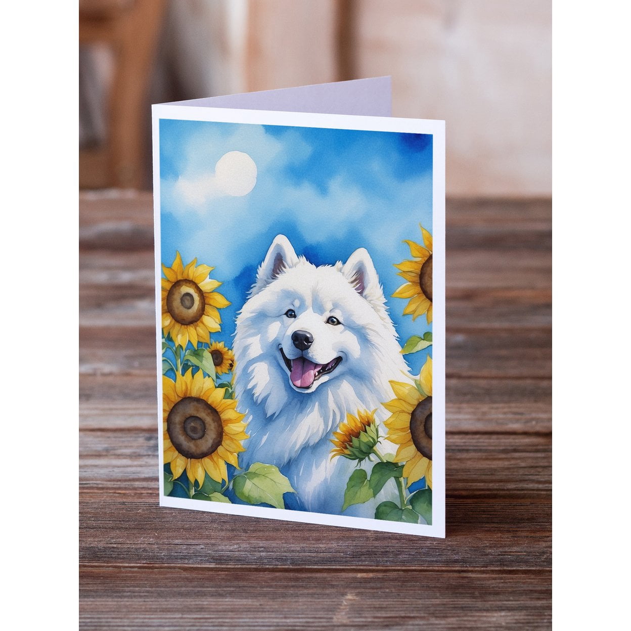 Samoyed in Sunflowers Greeting Cards Pack of 8 7 in x 5 in
