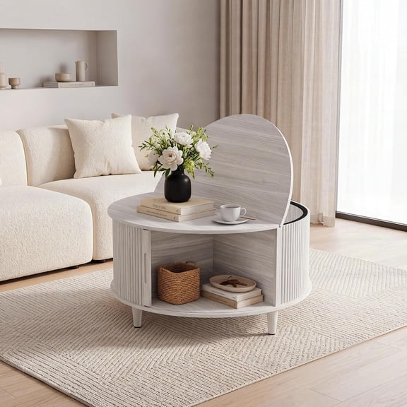 Coffee Tables for Living Room, 31.5" Round Coffee Table with Storage, Mid Century Modern Center Table, Compact Small Round Coffee Table with Flip Top Hidden Storage, Adjustable Feet,Light Gray