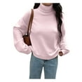 thumbnail image 2 of Women Turtle-Neck Sweater Chunky Long Sleeve Knitted Pullover High Low Hem Trendy Fall Winter Top Pink M, 2 of 9