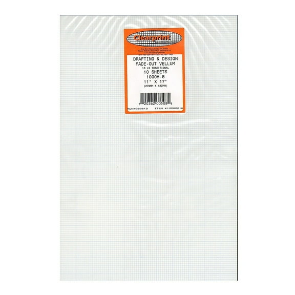 Clearprint 1000H 11" x 17" Design Vellum Sheets with 8x8 Fade-Out Grid, 16 lb., 100% Cotton, 10 Sheets/Pack