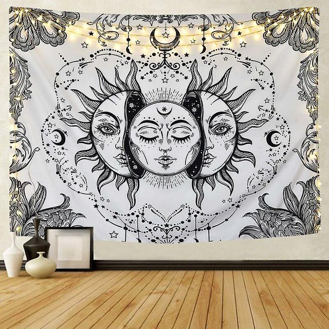 Tapiz de pared de tarot, mandala, tapices psicodélicos bohemios indios, luna y sol en blanco y negro, sábana para colgar en la pared, decoración de pared para dormitorio, sala de estar
