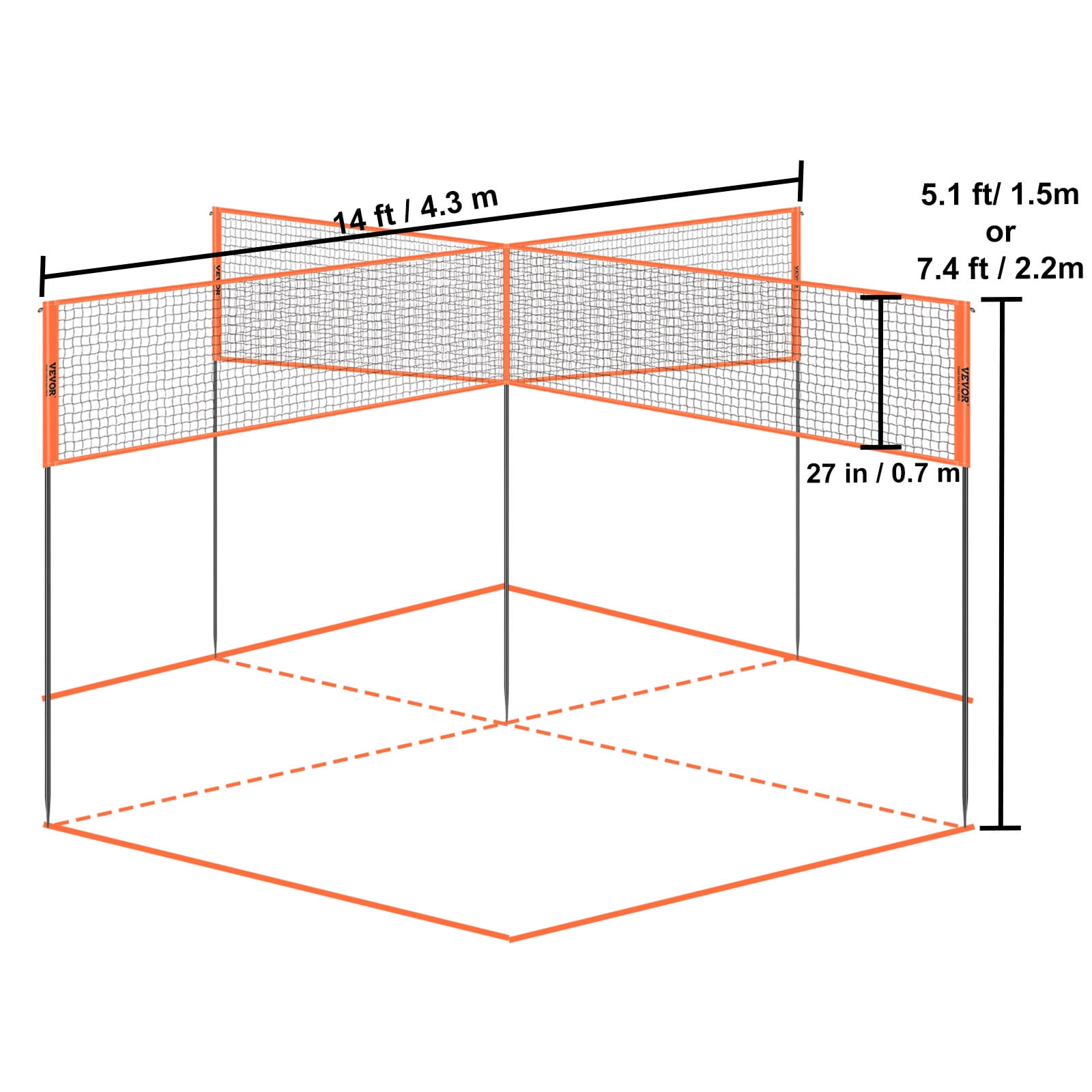 BENTISM 4-Way Volleyball Net ,Four Square Badminton Net Adjustable Heights- Backyard & Beach Game Set w/ Volleyball Ball & Carry Bag & Pump for Adults Kids, Quick Assemble