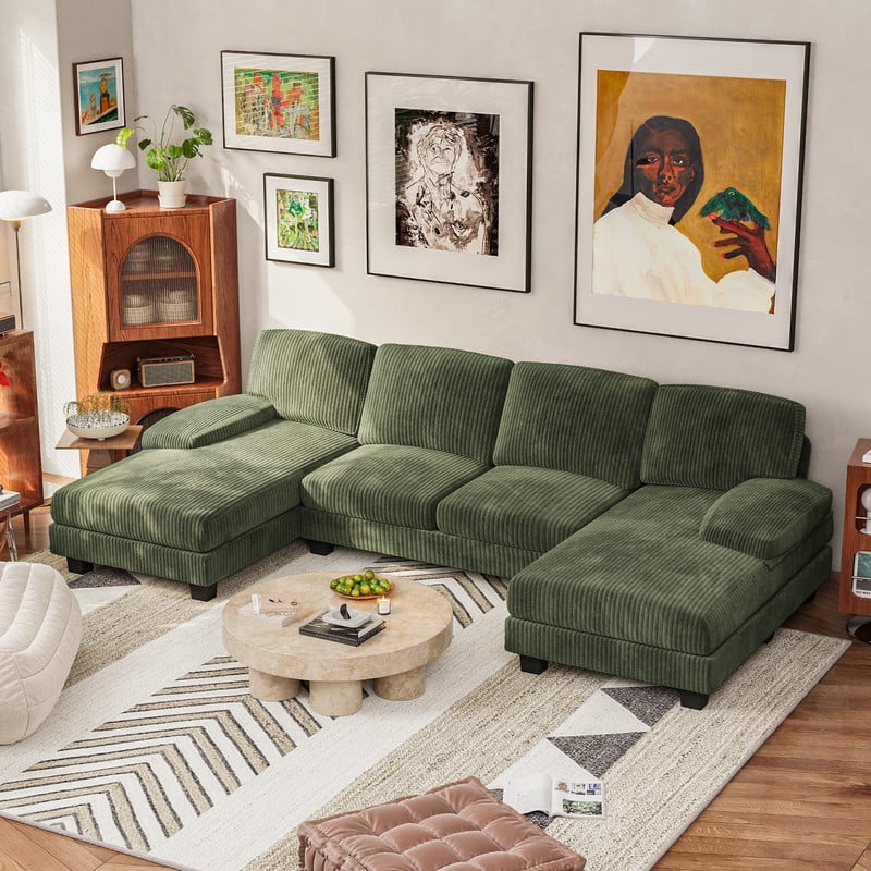 Furmax U Shaped Sectional Sofa Couch with Double Chaise for Apartments,Corduroy Green