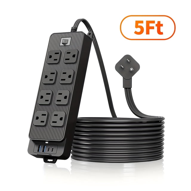 LOVEVER Flat Plug Surge Protector Outlet Extender Power Strip with 5ft/10ft Thin Flat Extension Cord 8 Widely Distributed AC Outlets 4 USB Charging Ports (2 USB A & 2 USB C) Desk Charg