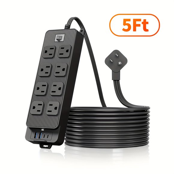 LOVEVER Flat Plug Surge Protector Outlet Extender Power Strip with 5ft/10ft Thin Flat Extension Cord 8 Widely Distributed AC Outlets 4 USB Charging Ports (2 USB A & 2 USB C) Desk Charg