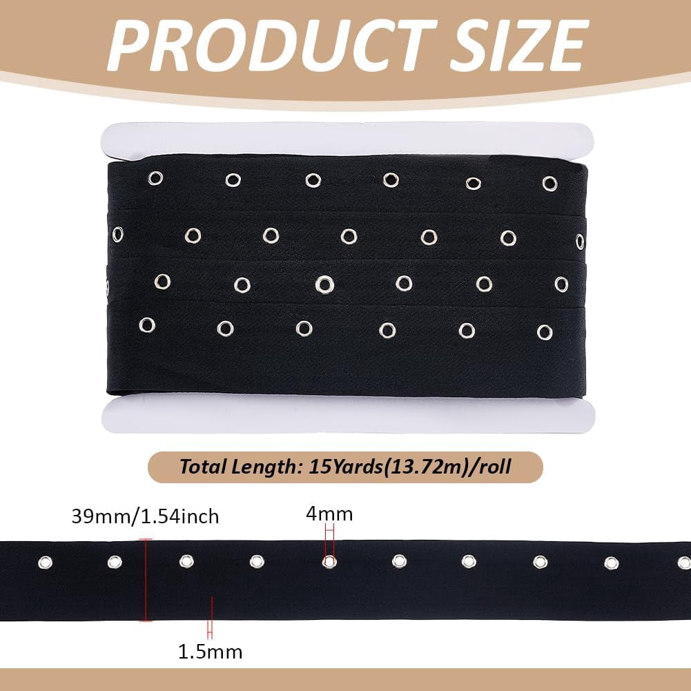 1set 15 Yards Polyester Ribbons with Stainless Steel Eyelet Rings for Garment Accessories Black 1-1/2 inch(39mm)