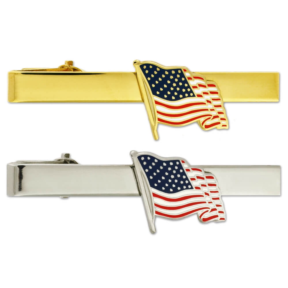 PinMart's Patriotic Waving American Flag Tie Clip Tie Bar - Gold or Silver