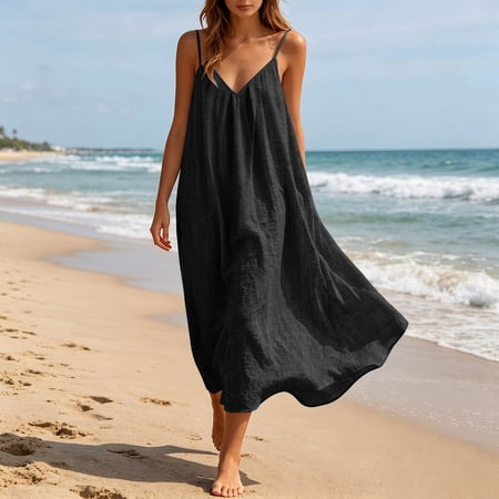 EliteGoogv Womens Long Sleeveless Slip Dress V Neck Backless Drape Nightgown Loungewear For Women Casual Home Wear Black 2XL
