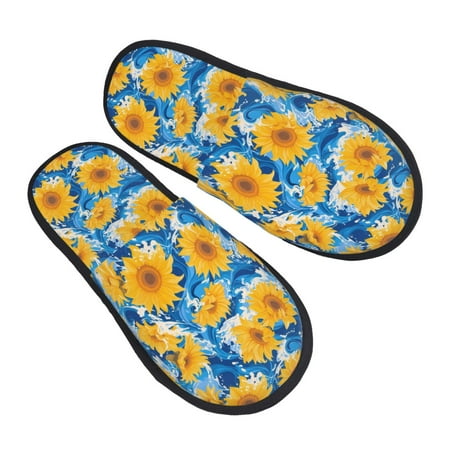 

KLL Blue Ocean Wave Sunflower Slippers for Women Men House Slip on Indoor Outdoor Bedroom Furry Fleece Lined Ladies Comfy Anti-Skid Rubber Hard Sole-Medium