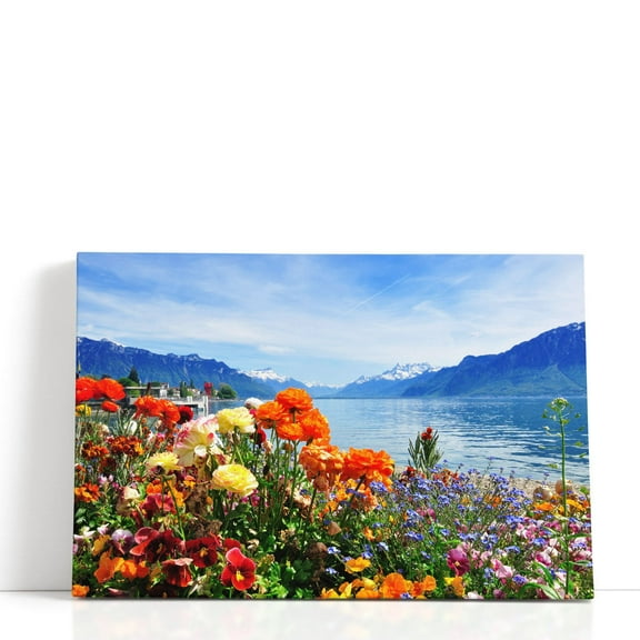 Colorful Flowers in Bloom Near Lakeshore - Wrapped Canvas Print Wall Art | 18" W x 12" H