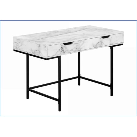 Desks 48”L Modern Home Office Computer Desk with 2 Storage Drawers White Marble Look Laminate Black Metal | White | Particle Board