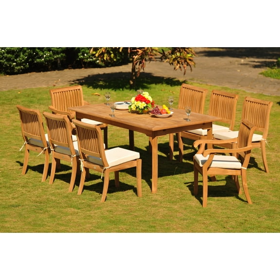 Teak Dining Set: 8 Seater 9 Pc: 94" Rectangle Table & 2 Stacking Arbor Arm & 6 Armless Chairs Outdoor Patio Grade-A Teak Wood WholesaleTeak #WMDSAB16