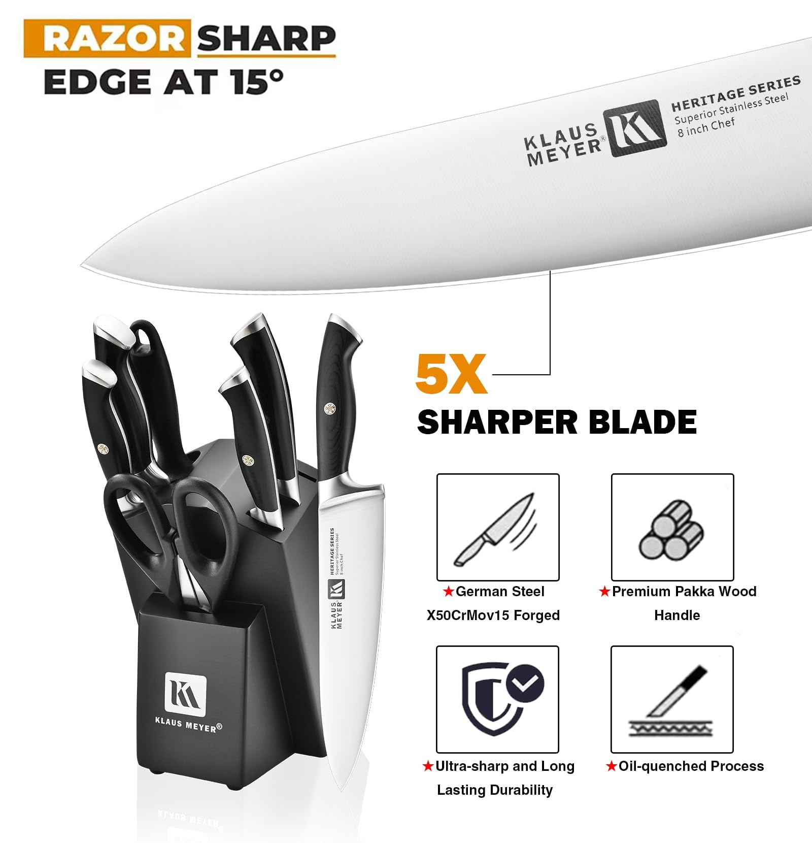 Klaus Meyer 8-Piece Kitchen Knife Set, German High Carbon Steel Pakka Wood Handle Chef Knife Set With Block, Ultra Sharp With Scissors, Sharpener Rod.