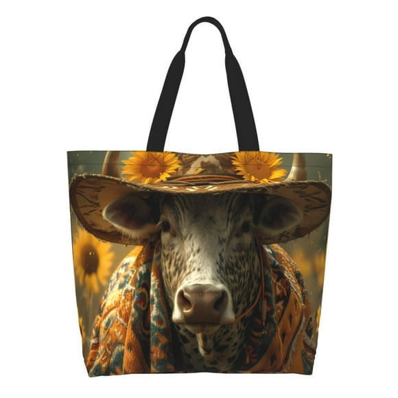 Disketp Sunflower Cowboy Hat Cow Bolsa Tote Estampada para Mujer, Bolso de Hombro y de Mano para Compras y Viajes
