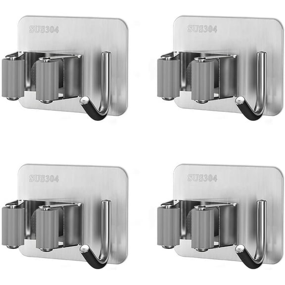 Mop Broom Holder Heavy Duty Stainless Steel Self-Adhesive Wall Mounted Tool Organizer with Hook for Home Bathroom Kitchen Garden 4Pack