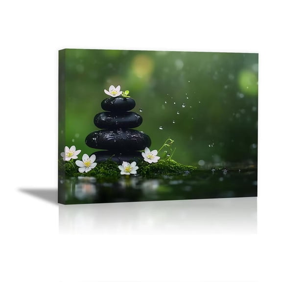 Mudket Framed Canvas Wall Art, Zen Stacked Black Stones with White Flowers Wall Decor, Serene Spa Nature Calming Waterproof Art Prints for Bathroom Bedroom Living Room Home Decor - 12"L x 8"W