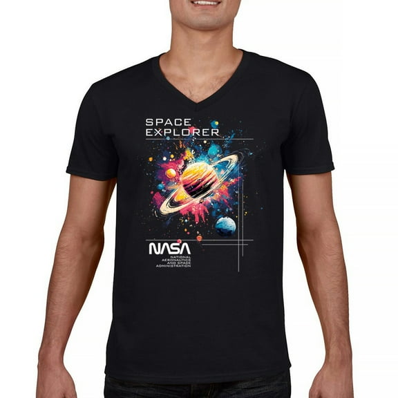 NASA Space Explorer Men's V-Neck T-shirt Universe Astronaut Galaxy Planet Saturn