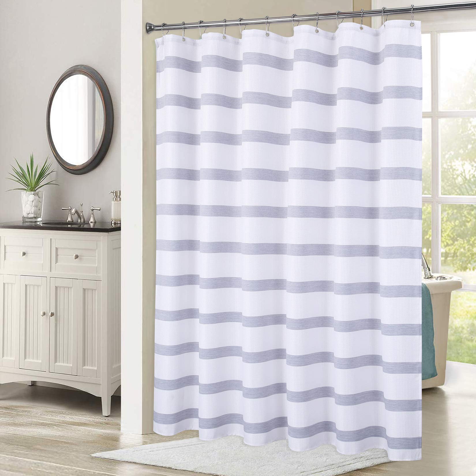 Fabric Shower Curtain, Waffle Weave Textured and Yarn Dyed Striped