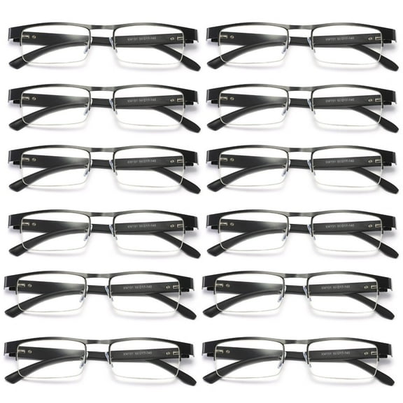 12 Pairs Mens Rectangular Metal Half Frame Reading Glasses Spring Hinge Black Readers  0.75