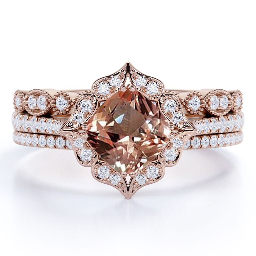 JeenMata 2 Carat Cushion Cut created morganite Trio Set - Bridal Set - Wedding Trio Set - Classic Ring - Halo Ring - 18k Rose Gold Over Silver