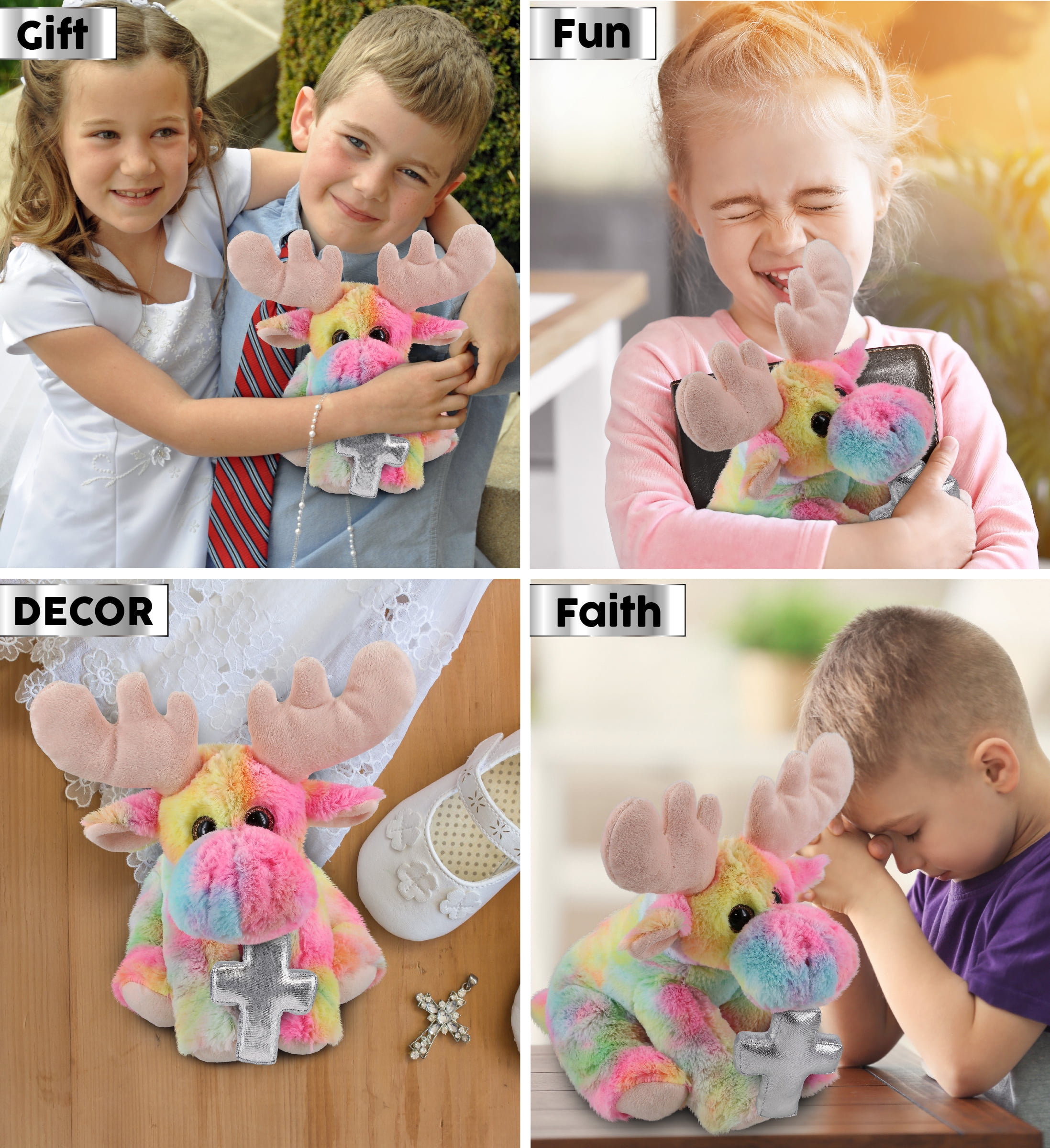 DolliBu Rainbow Floppy Moose Stuffed Animal with Silver Cross Plush - Religious Baptism Gifts for Boys and Girls, Dedication Christening Gifts Plush Prayer Toy Healing Stuffed Animal - 9 Inches