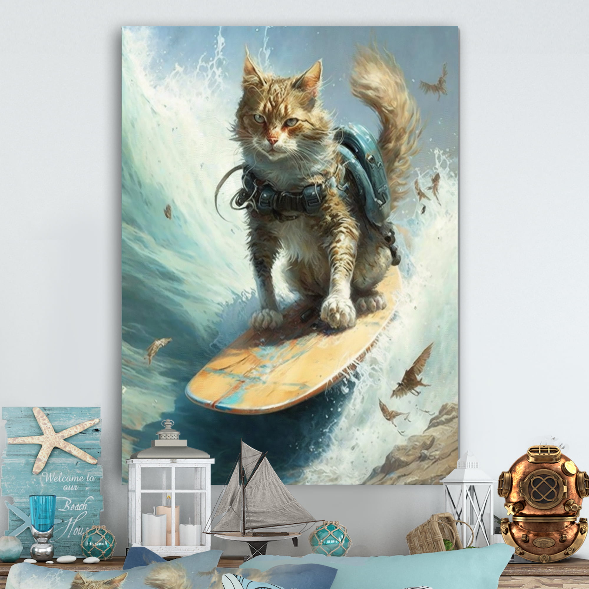 Designart Cat Surfing I Canvas Wall Art