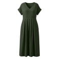 thumbnail image 4 of VEKDONE Short Sleeve V Neck Beach Dresses Solid Color Pleated Flowing Sundress Casual Loose Fit Over Knee Maxi Dress with Pockets Army Green XL, 4 of 9