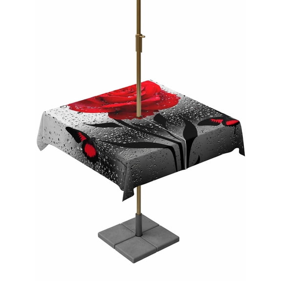 Outdoor Tablecloth with Umbrella Hole and Zipper, Valentine's Day Square Table Cloth 54x54 Inch Waterproof Tablecloth, Red Rose Floral Watercolor Butterfly Flowers Picnic Table Cover for Patio
