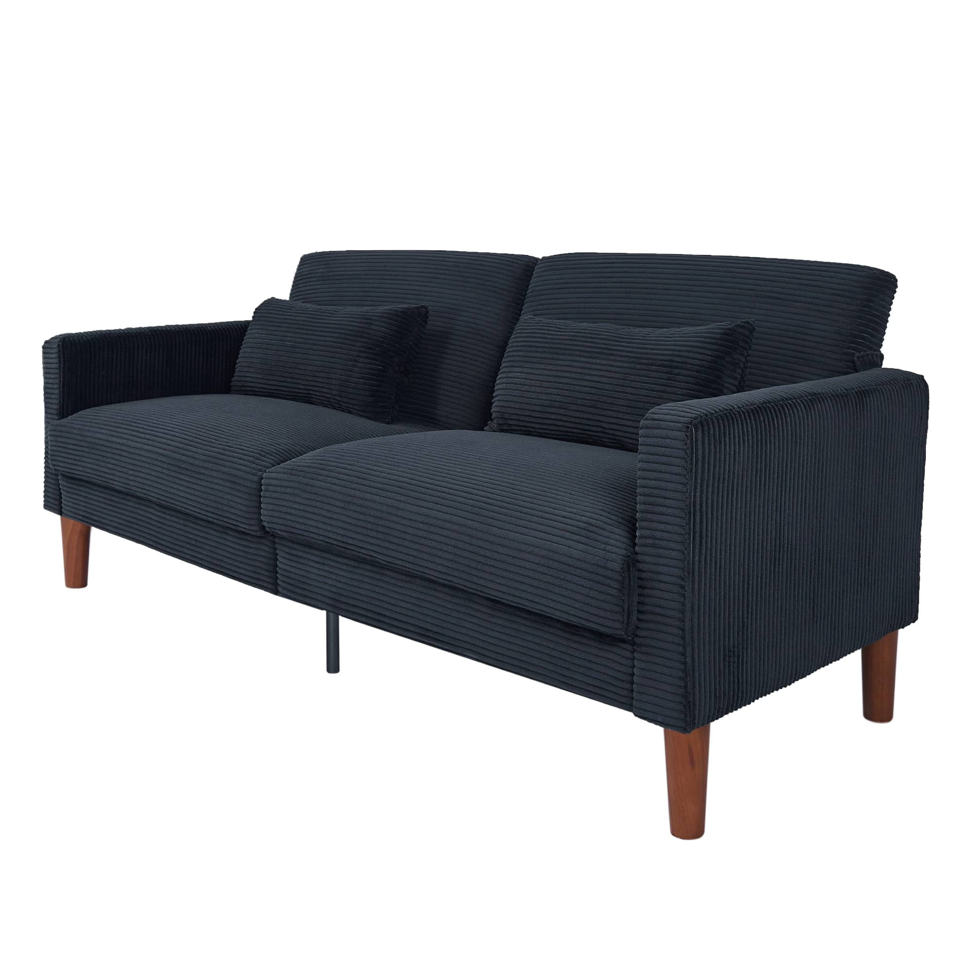 Comfy Futon Sofa Corduroy Loveseat Couch with Pillow Cushion, Modern Sleeper Sofa Couch with Solid Leg for Living Room,Bedroom, Black