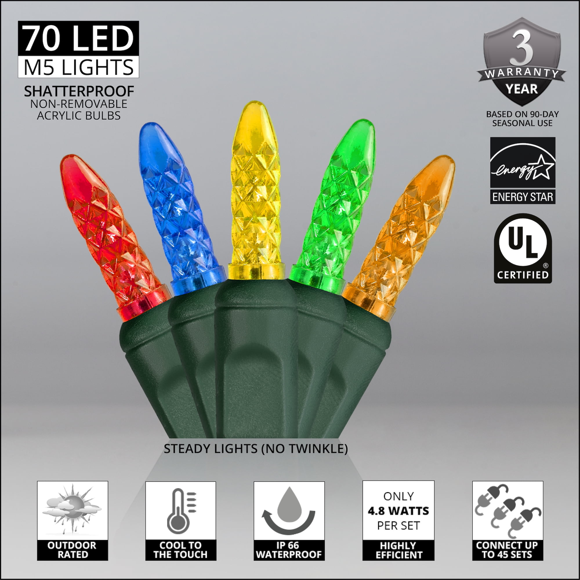 Wintergreen Lighting 70 Multicolor LED Christmas Tree Lights, 4" Spacing, 24', Faceted String Lights for Holiday Party Decoration