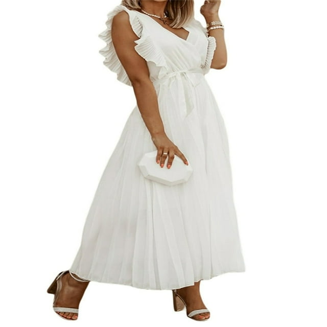 Robe Maxi à Volants Sans Manches Col en V Plissée en Chiffon avec Ceinture