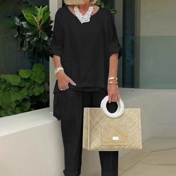 Traje De Verano De 2 Piezas Algodón Cami Top Pantalones Cuello redondo Mujeres Loose Fit Ropa diaria (Negro M) Cgtredaw para Mujer Negro T L
