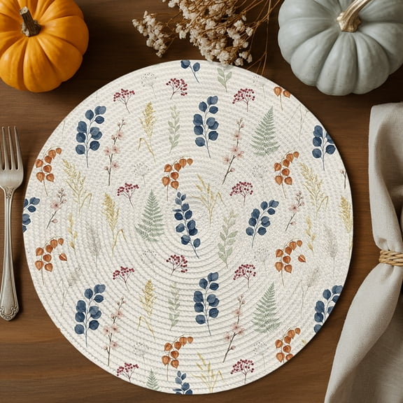 Fall Leaf Round Braided Placemats Set of 6, Country Vintage Farmhouse Green Blue Leaves Pink Flowers Heat Insulation Place Mats Washable Non-Slip Table Mats for Kitchen Dining Party, 15 Inches