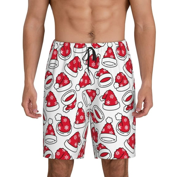 Logiee Christmas Hat Print Men's Pajama Shorts with Drawstring & Pockets,Sleep Shorts for Men,Sleepwear Bottoms,Elastic Waistband Loungewear-Small