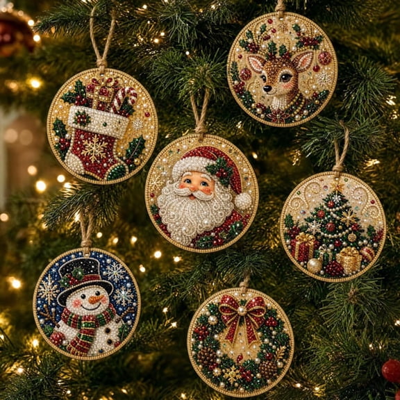 6PCS Christmas Ornaments DIY Diamond Art Kits for Adults, Wooden Hanging Diamond Pearl Art Kits With Twine for Xmas Tree Window Holiday Decor